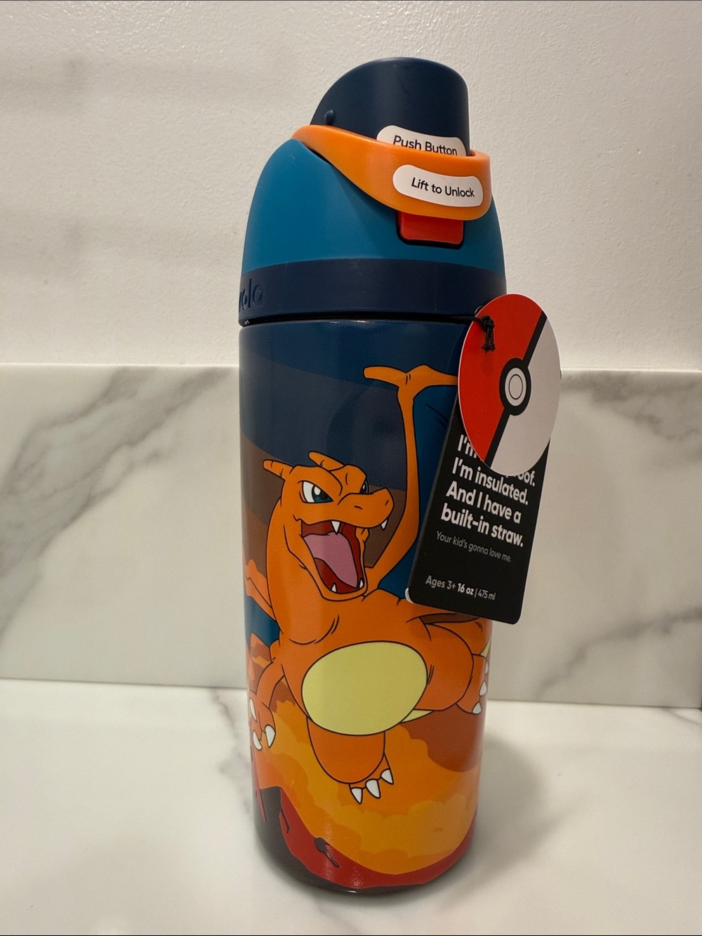 Kids Insulated Water Bottle with Charizard Design - Blue/Orange 16oz